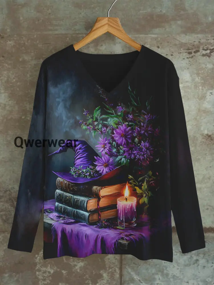 Witch Magic Book Art Print Unisex V-Neck Long Sleeve Casual T-Shirt Black / S
