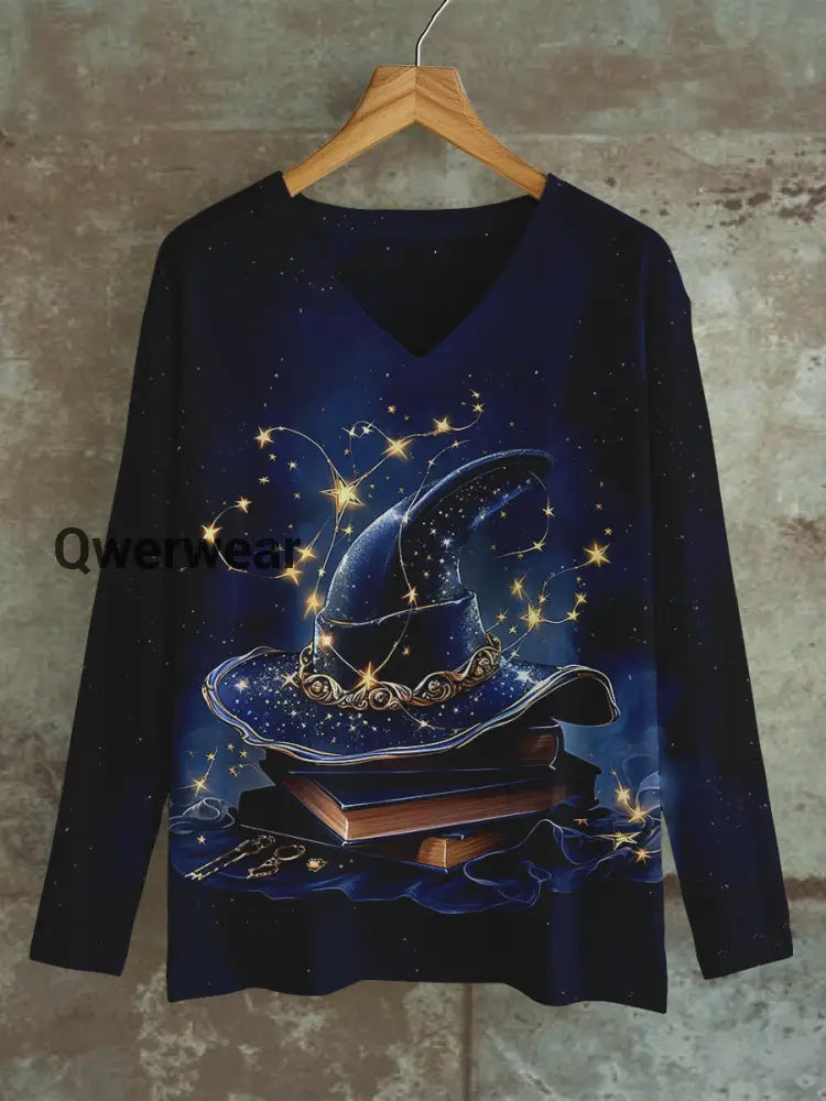 Witch Magic Book Art Print Unisex V-Neck Long Sleeve Casual T-Shirt Navy Blue / S