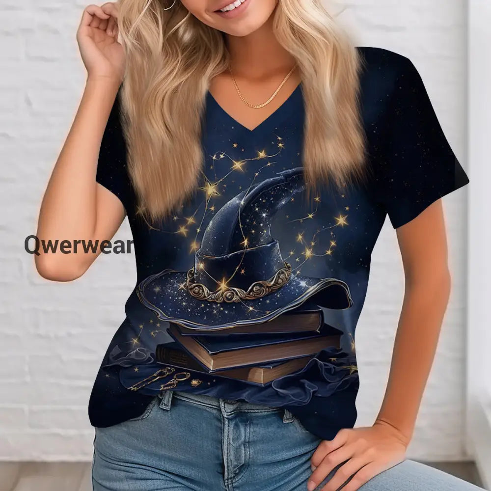 Witch Magic Book Art Print Unisex V-Neck Short Sleeve Casual T-Shirt