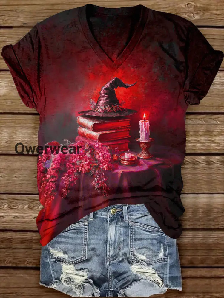 Witch Magic Book Art Print Unisex V-Neck Short Sleeve Casual T-Shirt Black-Red / S