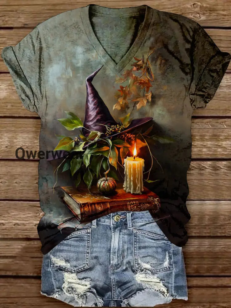 Witch Magic Book Art Print Unisex V-Neck Short Sleeve Casual T-Shirt Light Brown / S