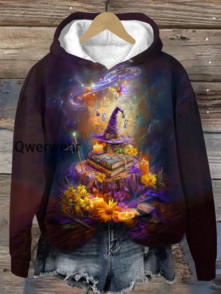 Witch Magic Book Tarot Card Art Print Unisex Long Sleeve Casual Hooded Sweatshirt Black-Purple / S