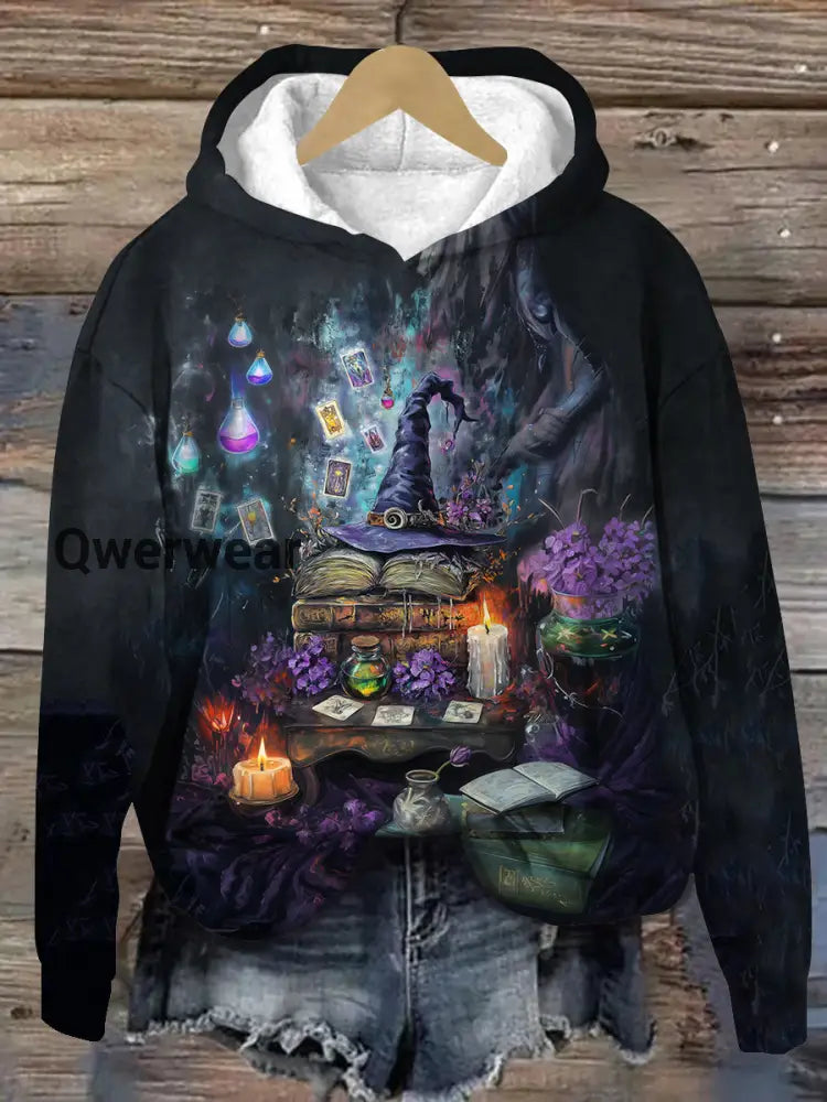 Witch Magic Book Tarot Card Art Print Unisex Long Sleeve Casual Hooded Sweatshirt Black / S