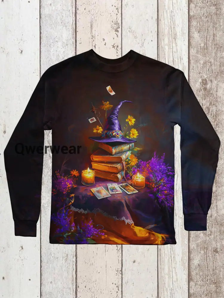 Witch Magic Book Tarot Card Art Print Unisex Round Neck Long Sleeve Casual T-Shirt Black-Brown / S