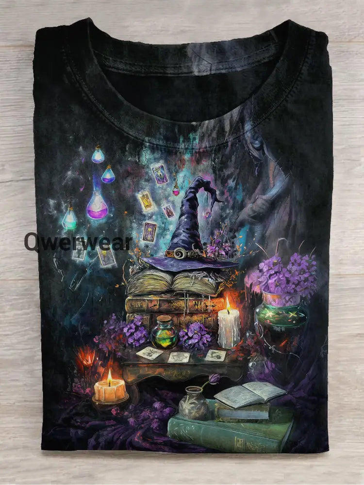 Witch Magic Book Tarot Card Art Print Unisex Round Neck Short Sleeve Casual T-shirt Black / S