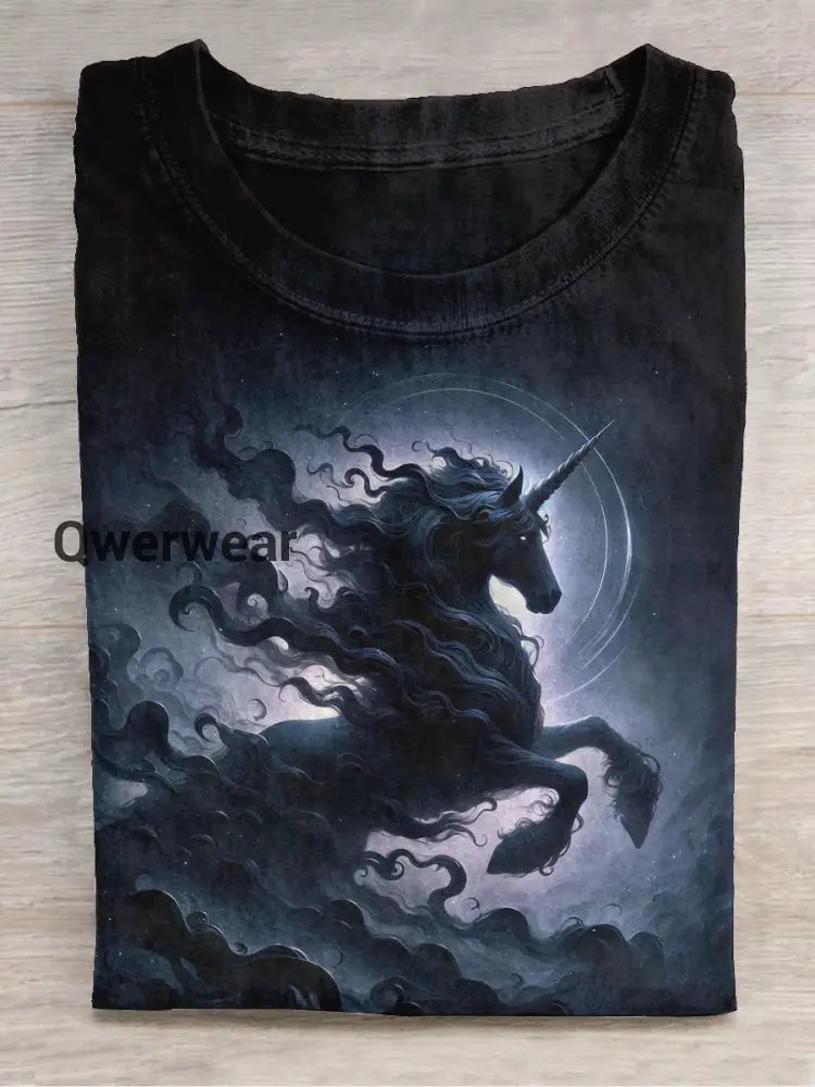 Witch Night Unicorn Art Print Unisex Round Neck Short Sleeve Casual T-shirt Black-Purple / S