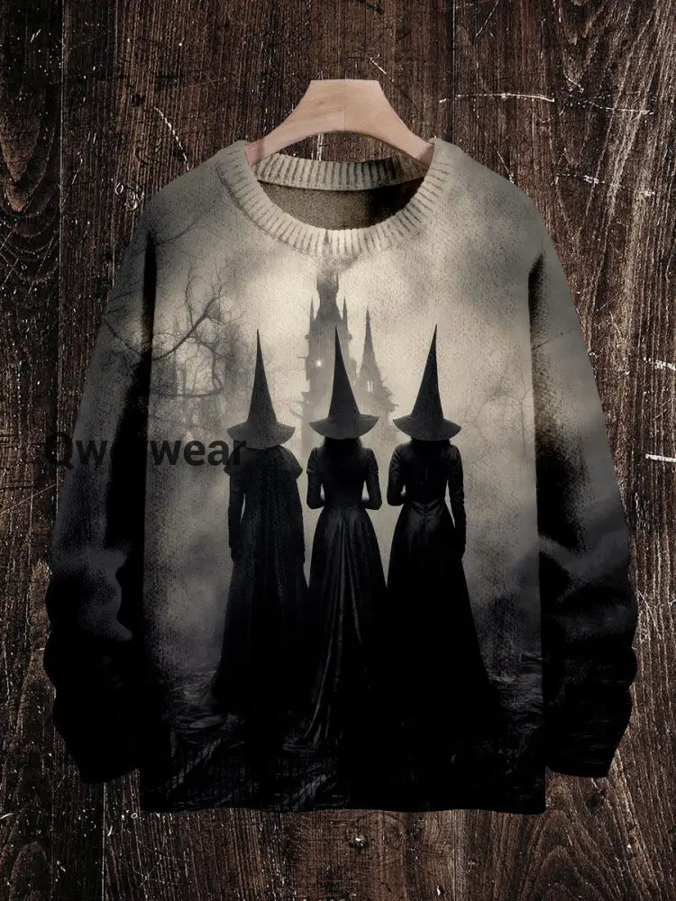 Witch Print Unisex Crew Neck Long Sleeve Knitted Sweater Gray / S