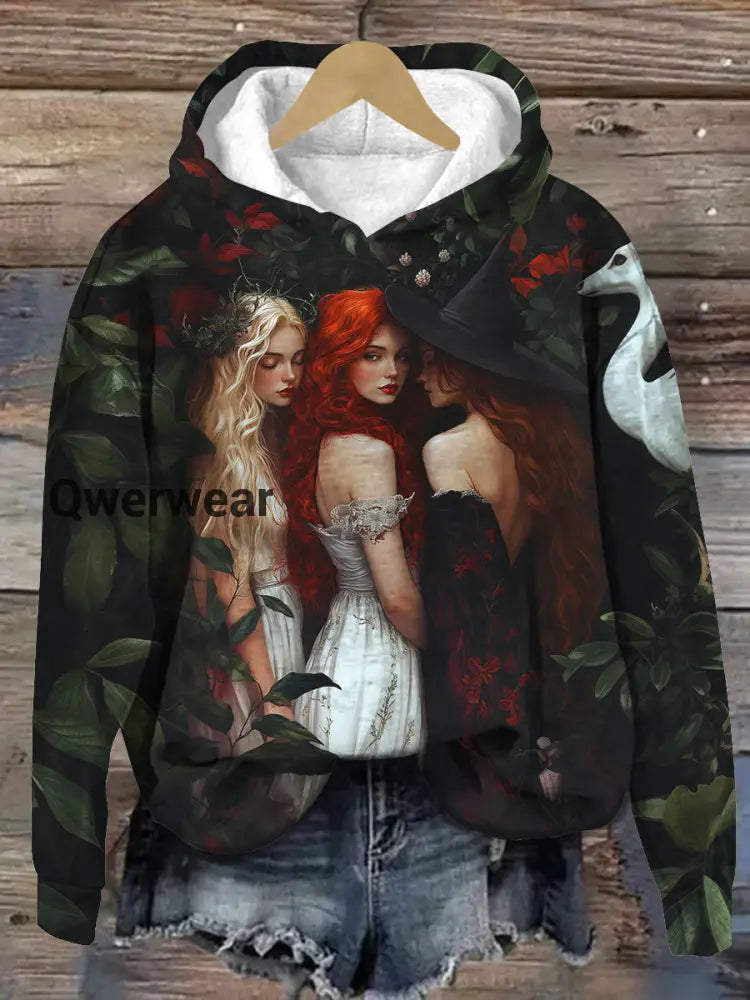 Witch Sisters Art Print Unisex Long Sleeve Casual Hooded Sweatshirt Black / S