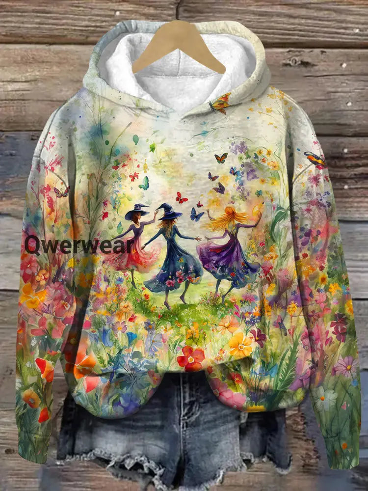 Witch Sisters Art Print Unisex Long Sleeve Casual Hooded Sweatshirt White / S