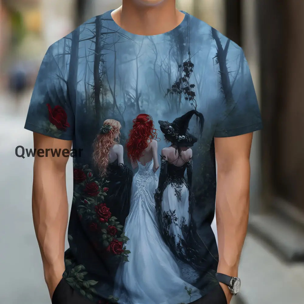 Witch Sisters Art Print Unisex Round Neck Short Sleeve Casual T-Shirt