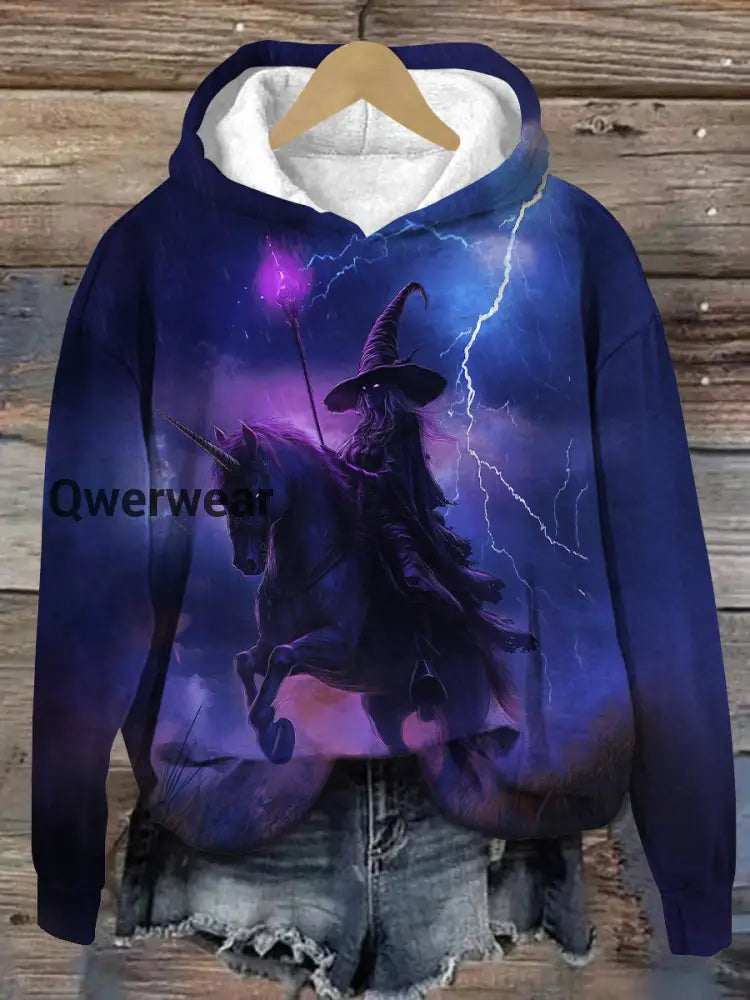 Witch Unicorn Art Print Unisex Long Sleeve Casual Hooded Sweatshirt Navy Blue / S