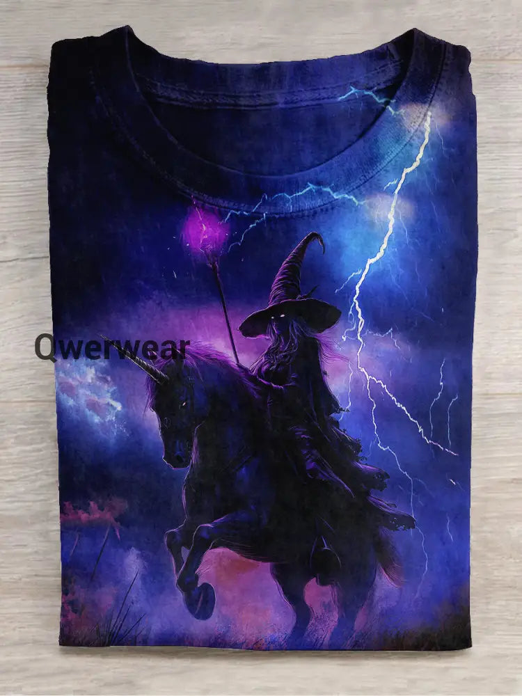 Witch Unicorn Art Print Unisex Round Neck Short Sleeve Casual T-Shirt Navy Blue / S