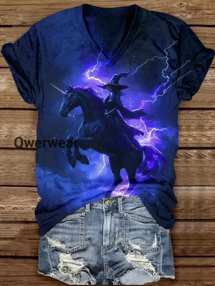 Witch Unicorn Art Print Unisex V-Neck Short Sleeve Casual T-Shirt Navy Blue / S