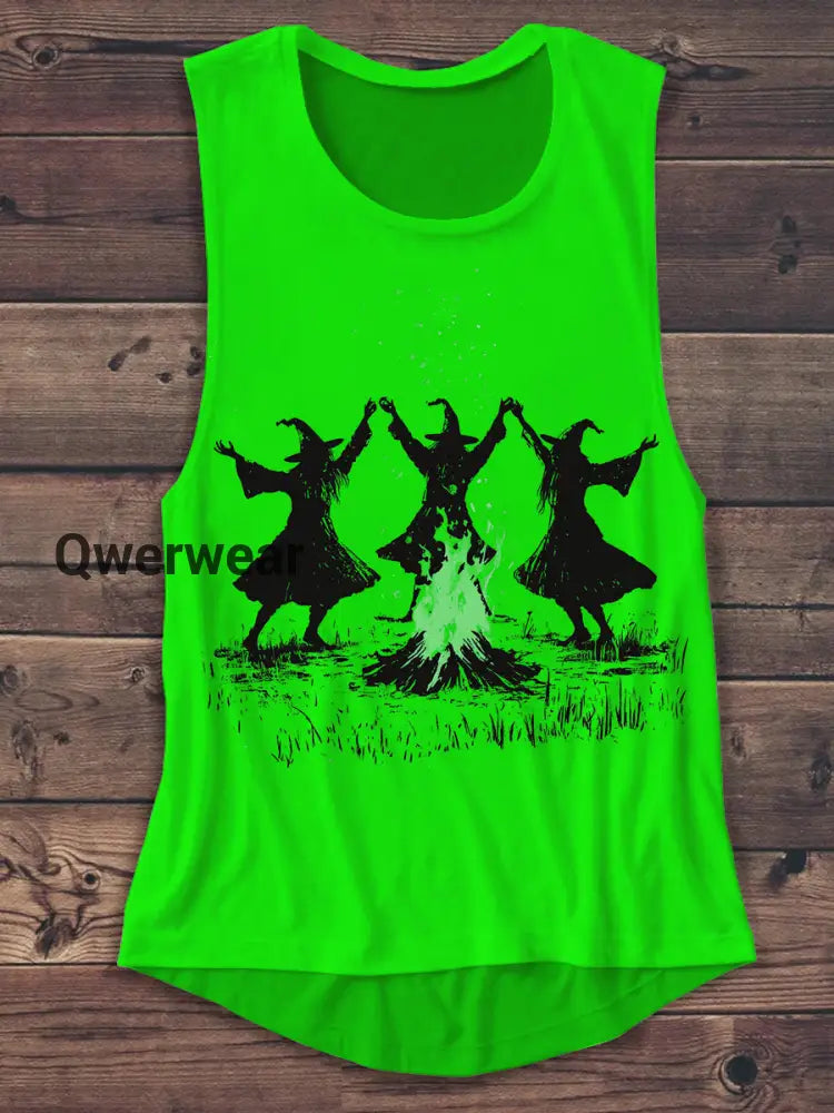 Witches Bonfire Ritual Art Print Unisex Casual Tank Top Green / S