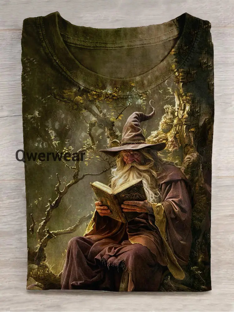 Wizard Reading Magic Book Art Print Unisex Round Neck Short Sleeve Casual T-Shirt Dark Brown / S