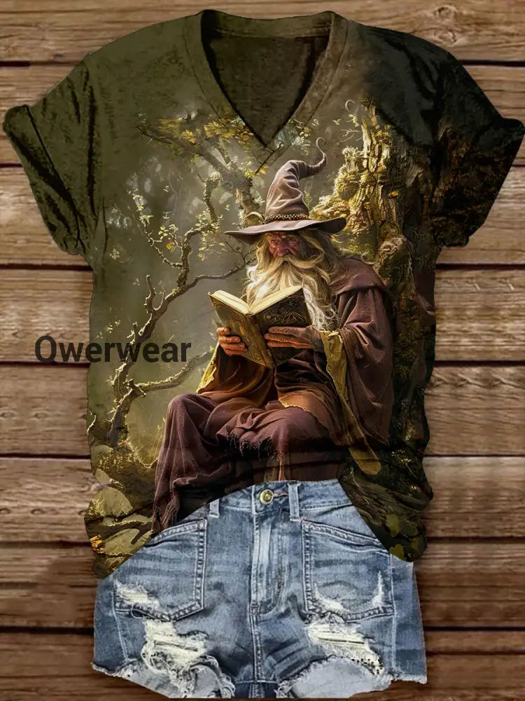 Wizard Reading Magic Book Art Print Unisex V-neck Short Sleeve Casual T-shirt Dark Brown / S