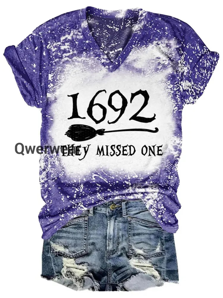 Women’s 1692 Purple Witch Print Tie-Dye V-Neck T-Shirt Purple / S