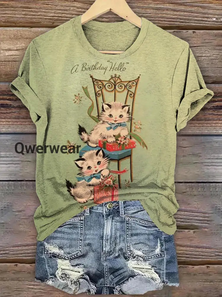 Women’s A Birthday Hello Cute Cat Print Crew Neck Casual T-shirt Mixed Color / S Women\’s Tops