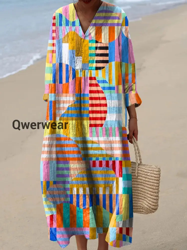 Women’s Abstract Geometric Pattern Art Print Cotton Dress Colorful / S