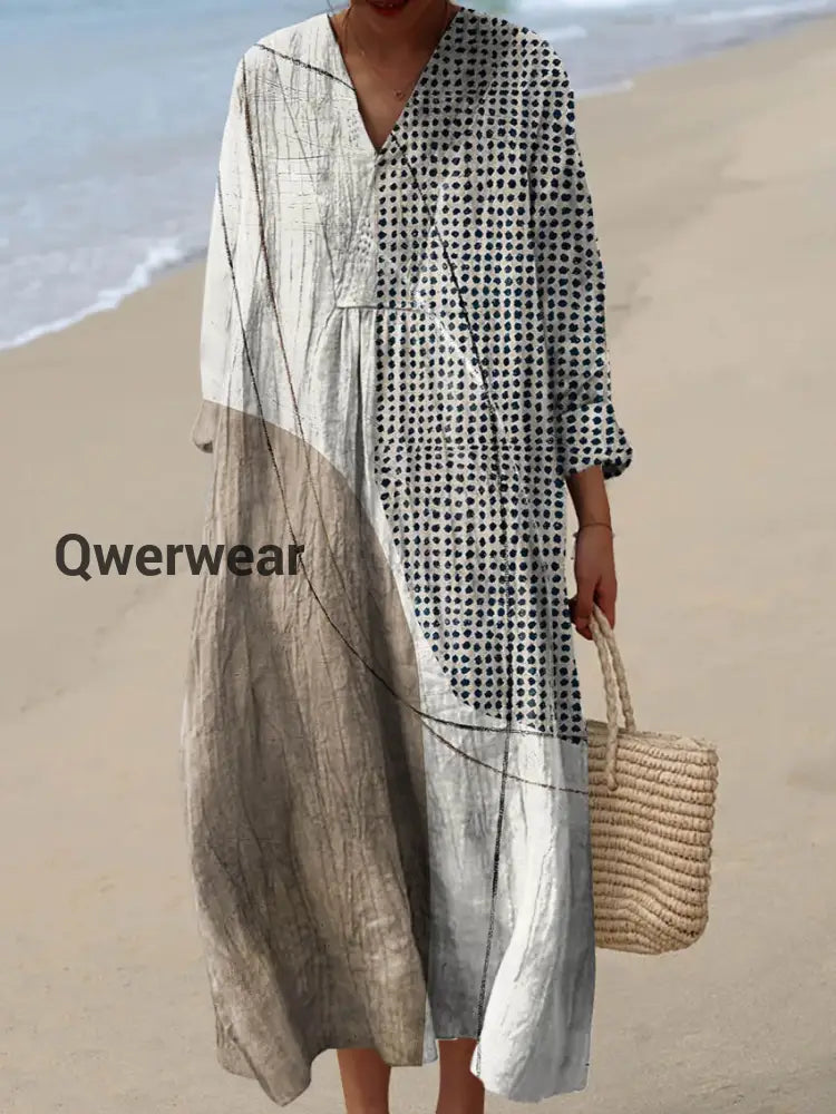 Women’s Abstract Pattern Art Print Cotton Dress Khaki / S