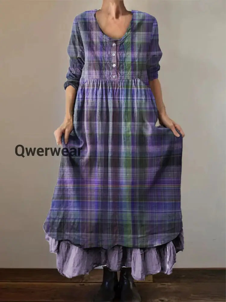 Women’s Alzheimer’s Awareness Purple Grid Printed Long Sleeve Double-layered Long Skirt Purple / S