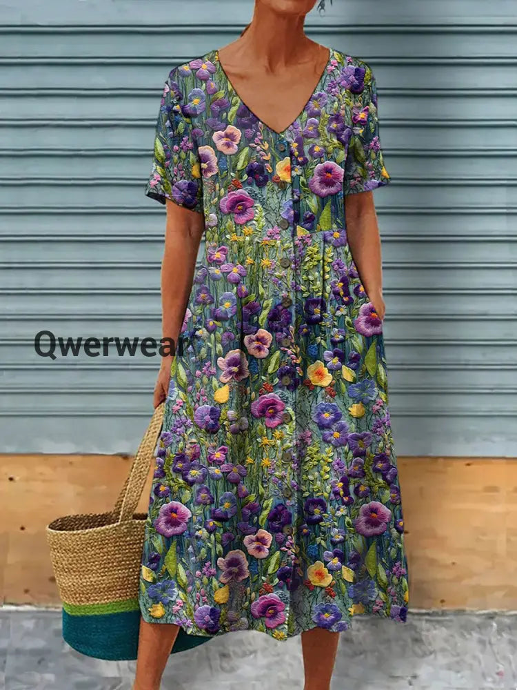 Women’s Alzheimer’s Awareness Purple Floral Printed Elegant Chic Short Sleeve Maxi Dress As picture / S
