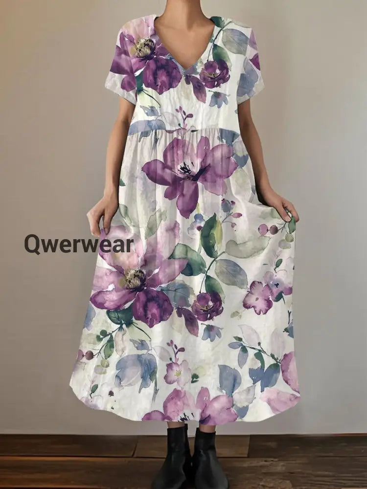 Women’s Alzheimer’s Awareness Purple Floral Printed Elegant Short Sleeve Maxi Dress As picture / S