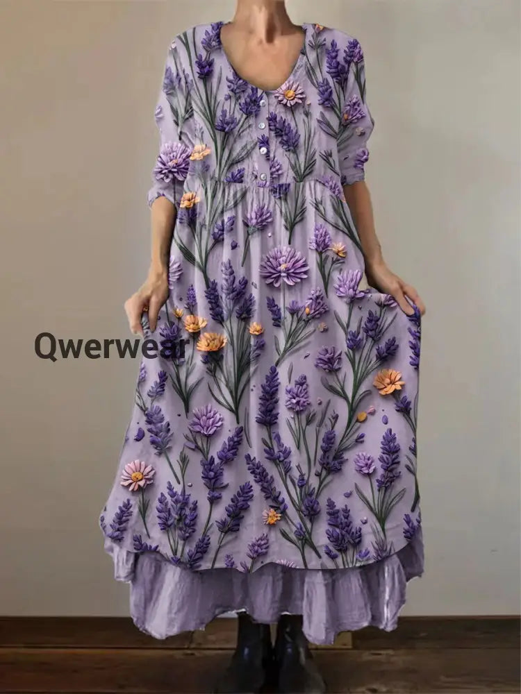 Women’s Alzheimer’s Awareness Purple Flower Printed Cotton Linen Long Sleeve Maxi Dress Purple / S