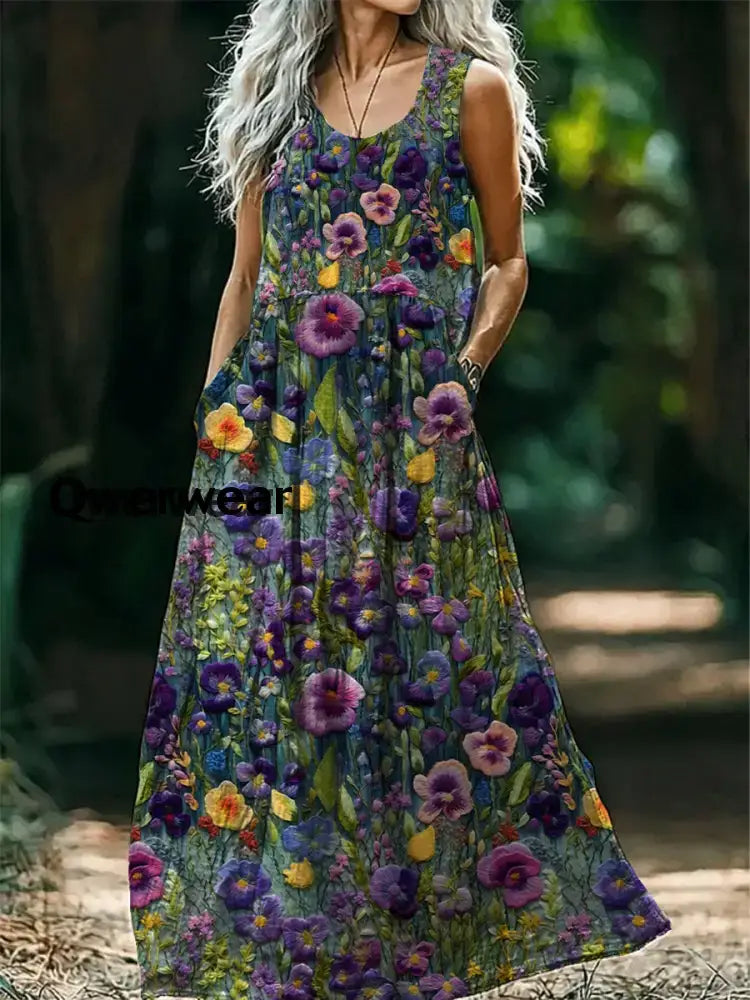 Women’s Alzheimer’s Awareness Purple Flower Printed Cotton Linen Long Sleeve Maxi Dress Sleeveless / S