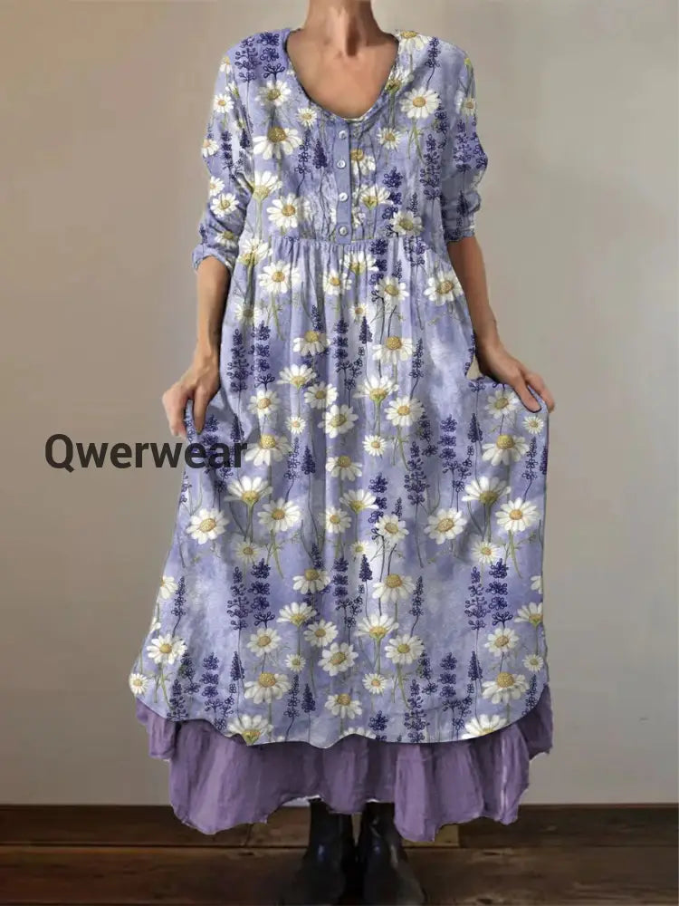 Women’s Alzheimer’s Awareness Purple Flower Printed Loose Long Sleeve Cotton Linen Dress Light Purple / S