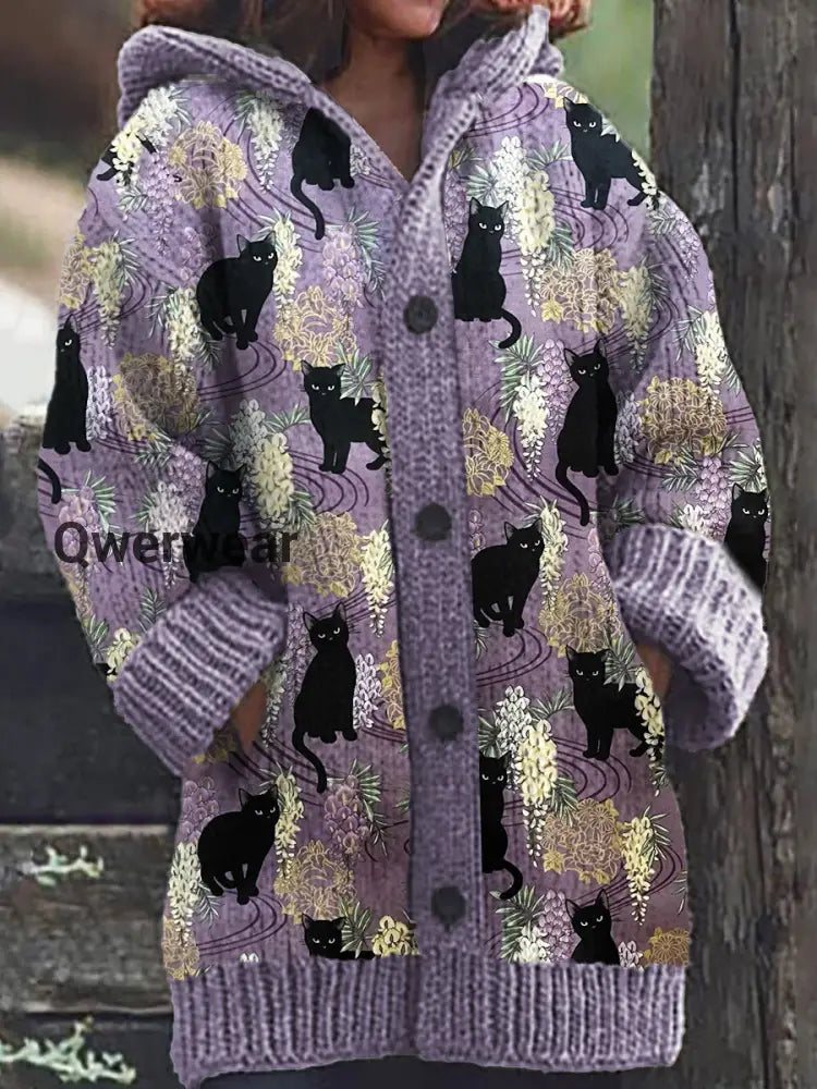 Women’s Black Cat Floral Pattern Casual Comfortable Knitted Hooded Cardigan Purple / S