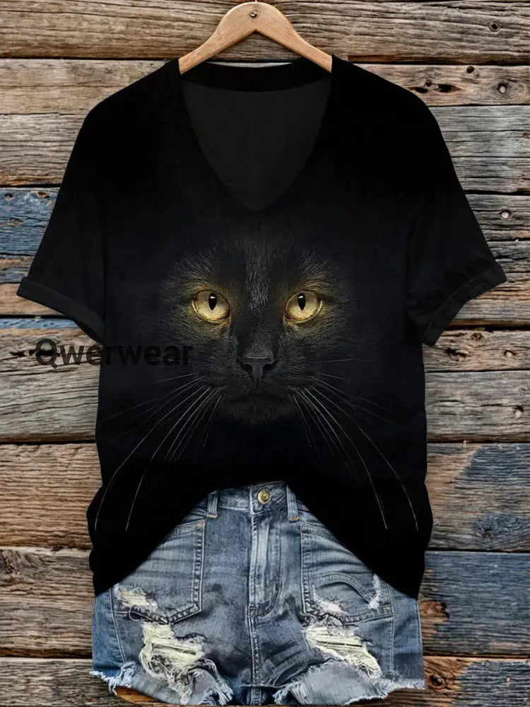 Women’s Black Cats Print V-Neck Casual T-Shirt Black / S
