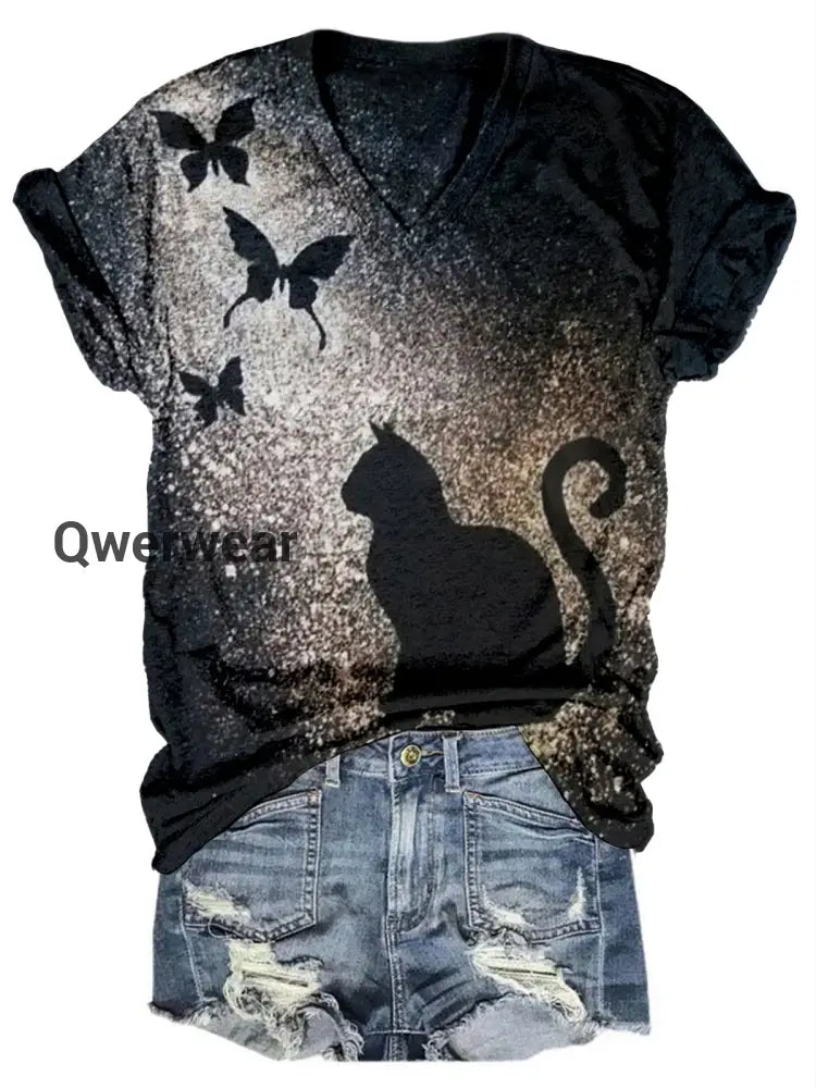 Women’s Cat Butterfly Print V-Neck Short Sleeve Casual T-Shirt Single color / S Halloween