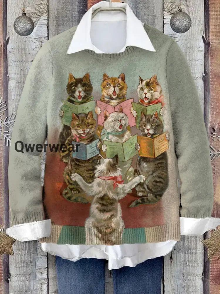 Women’s Cat Chorus Pattern Crew Neck Casual Warm Pullover Sweater Gray Green / S