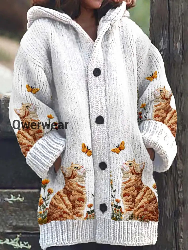 Women’s Cat Floral Pattern Casual Warm Knitted Hooded Cardigan White / S