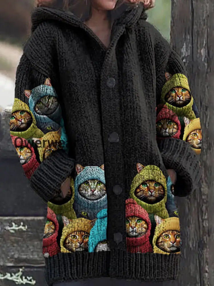 Women’s Cat Pattern Button Casual Warm Hooded Cardigan Black / S