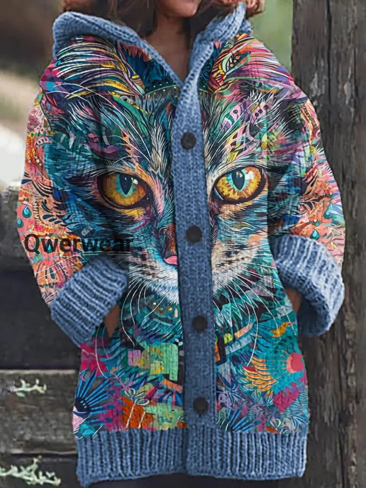 Women’s Cat Pattern Casual Comfortable Knitted Hooded Cardigan Blue / S