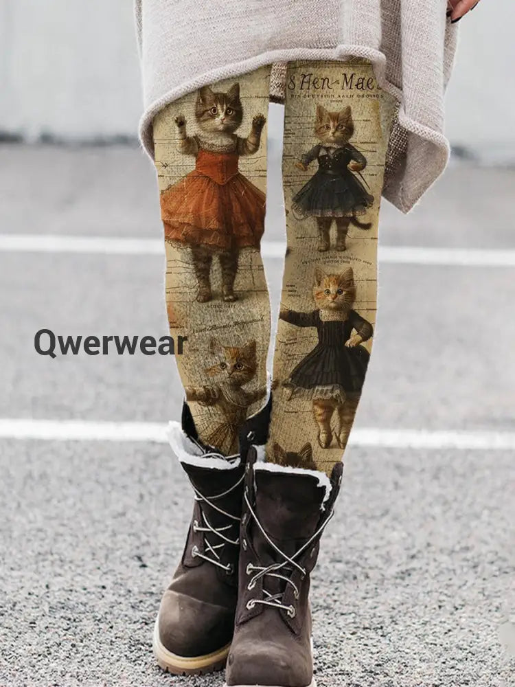 Women’s Cat Plush Casual High Waist Leggings Khaki / S