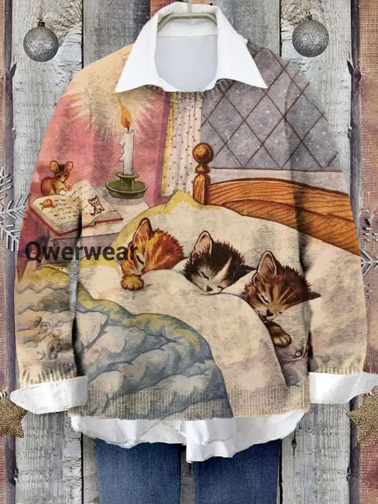 Women’s Cat Sleep Story Pattern Round Neck Casual Warm Pullover Sweater Beige / S
