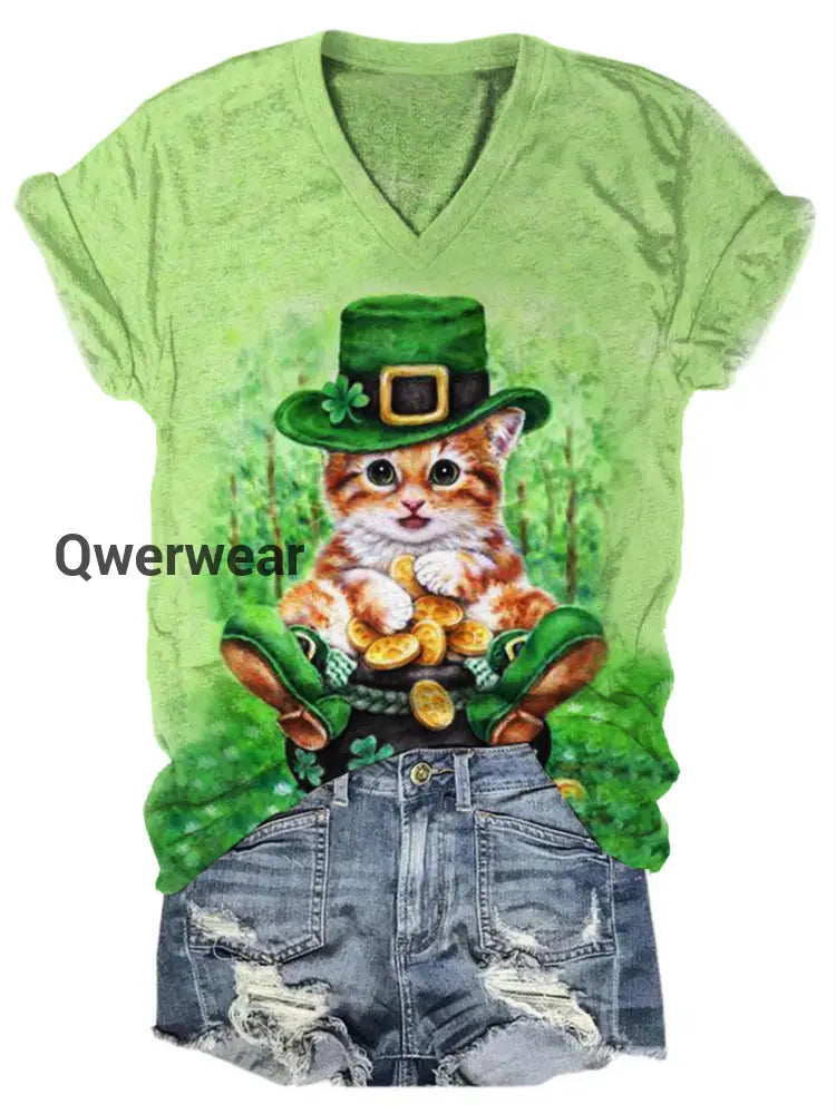 Women’s Cat St. Patrick’s Day Print Top Green / S Women\’s Tops
