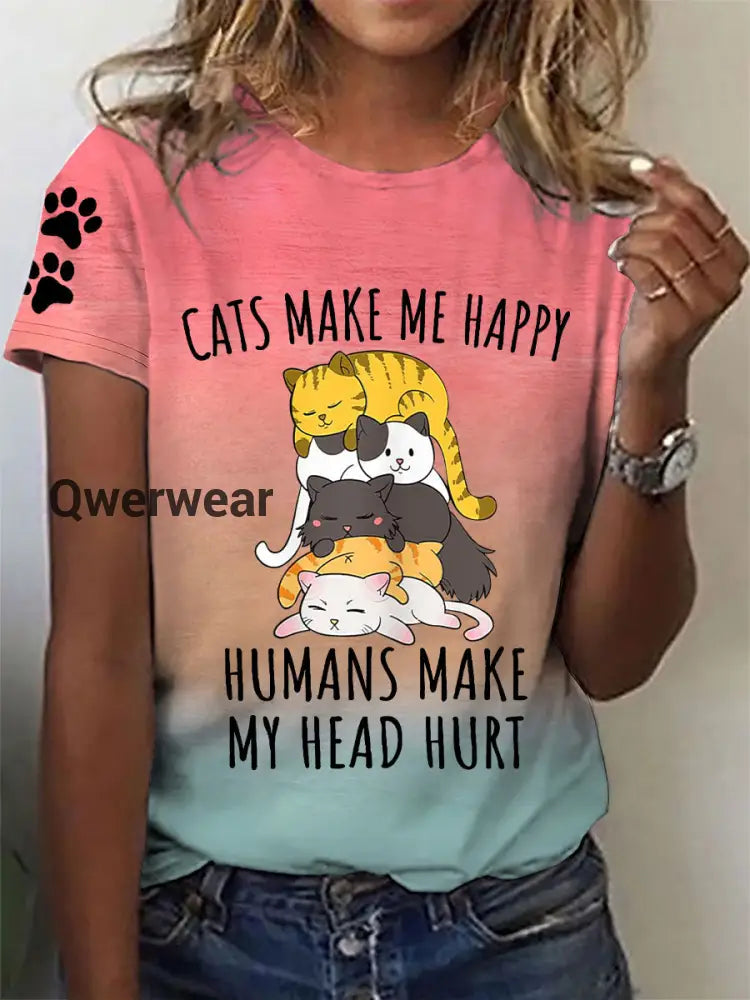 Women’s cats make me happy humans make my head hurt T-shirt Pink / S