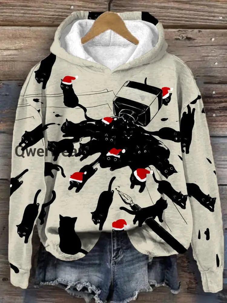 Women’s Christmas Cat Fun Print Long Sleeve Top Mixed Color / S Women\’s Tops