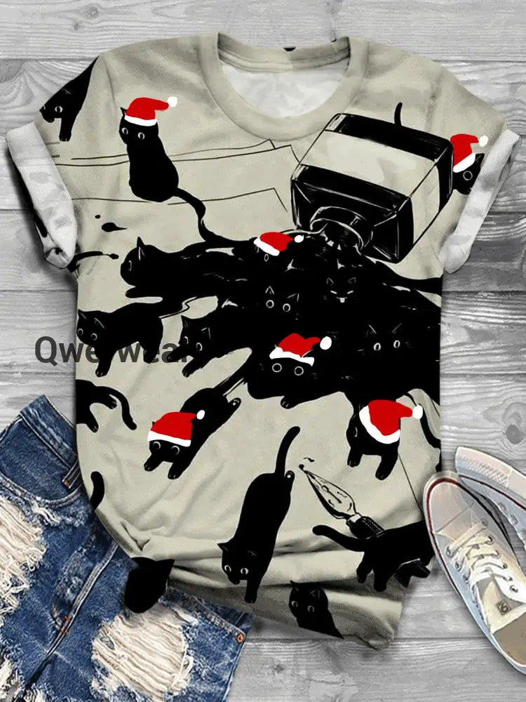 Women’s Christmas Cat Funny Print T-Shirt Mixed Color / S Women\’s Tops