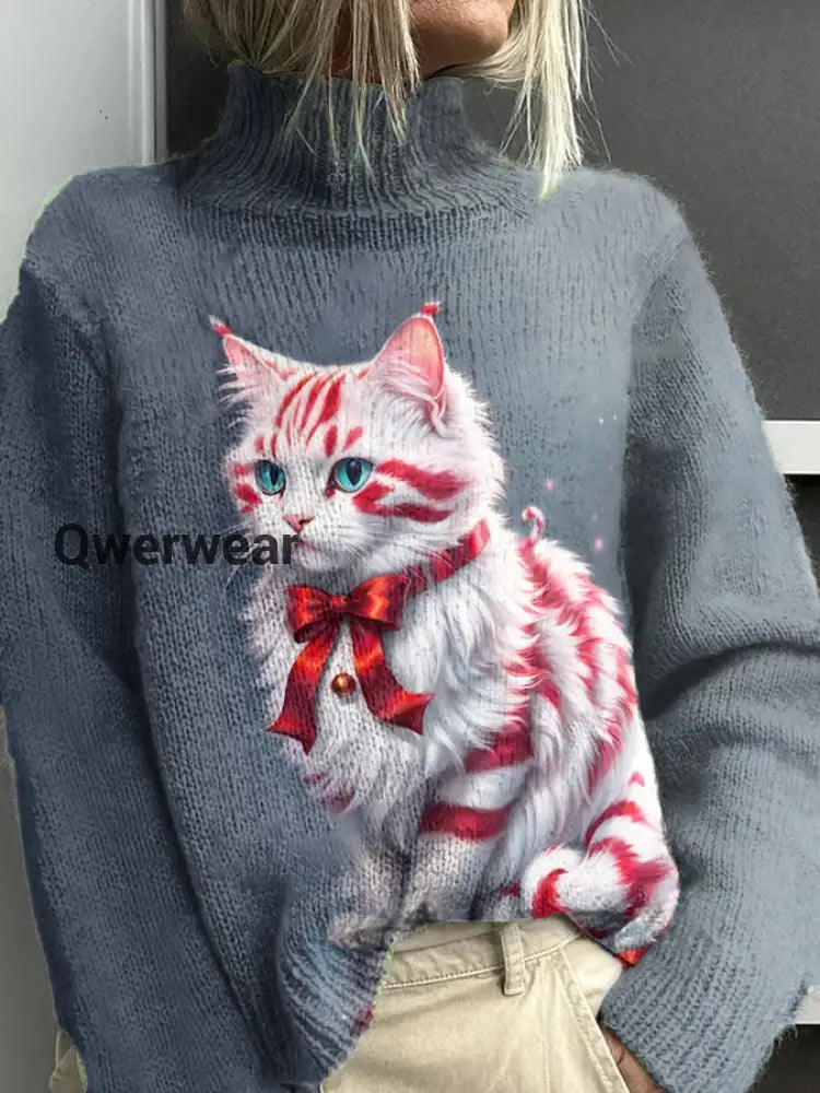 Women’s Christmas Cat Pattern Warm Casual Turtleneck Sweater Gray-Blue / S