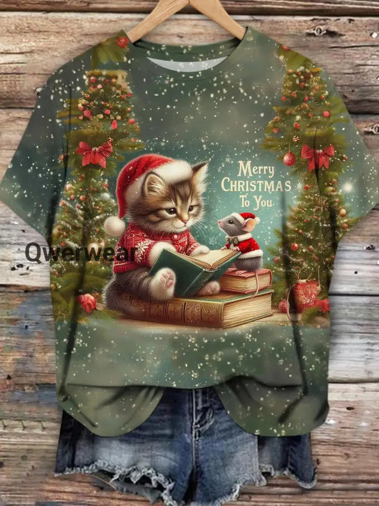 Women’s Christmas Cute Cat and Possum Print T-shirt Mixed Color / S Women\’s Tops