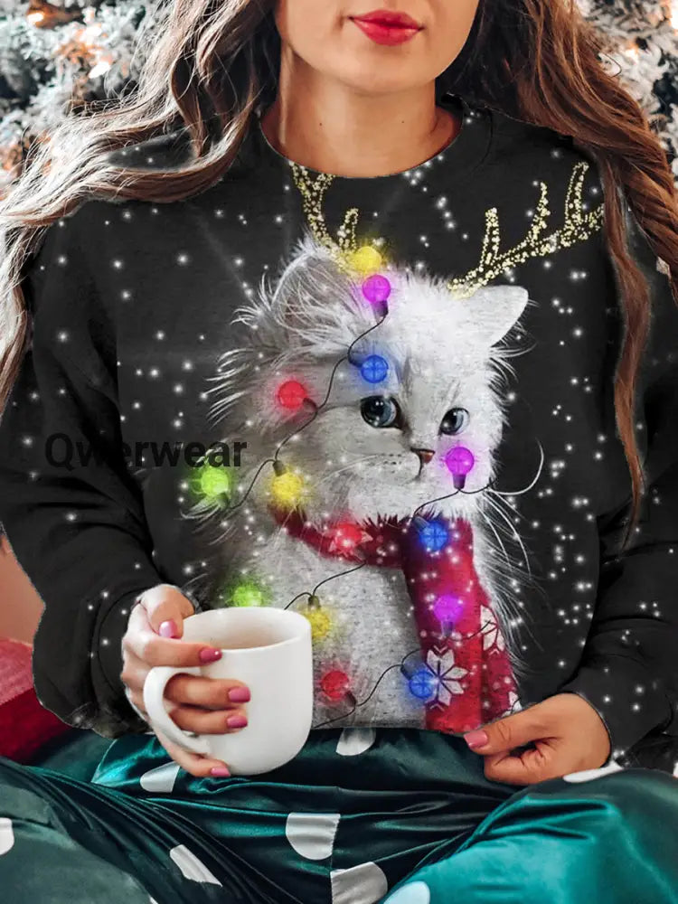 Women’s Christmas Lights Cat Pattern Casual Round Neck Long Sleeve Sweatshirt