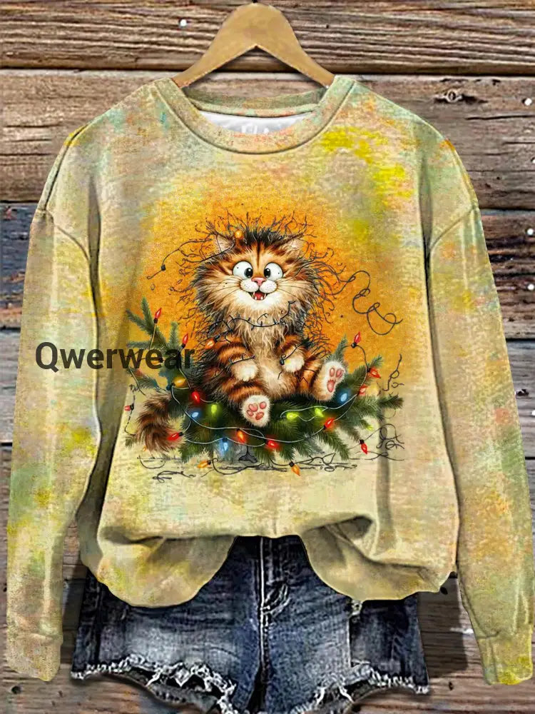 Women’s Christmas Quirky Cat Printed Long Sleeve Casual Top Mixed Color / S Women\’s Tops
