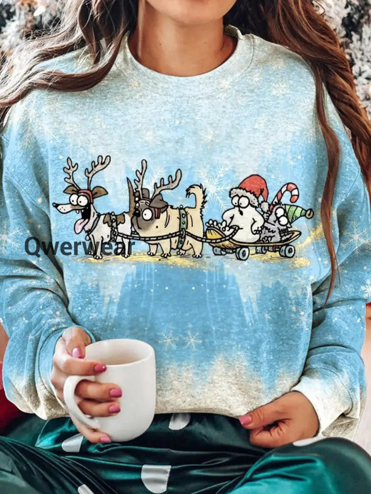 Women’s Christmas Sleigh Cat Printed Long Sleeve Casual Top Mixed Color / S Women\’s Tops