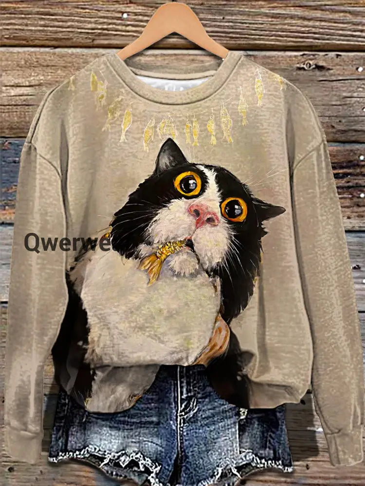 Women’s Curious Cat Printed Long Sleeve Casual Top Mixed Color / S Women\’s Tops