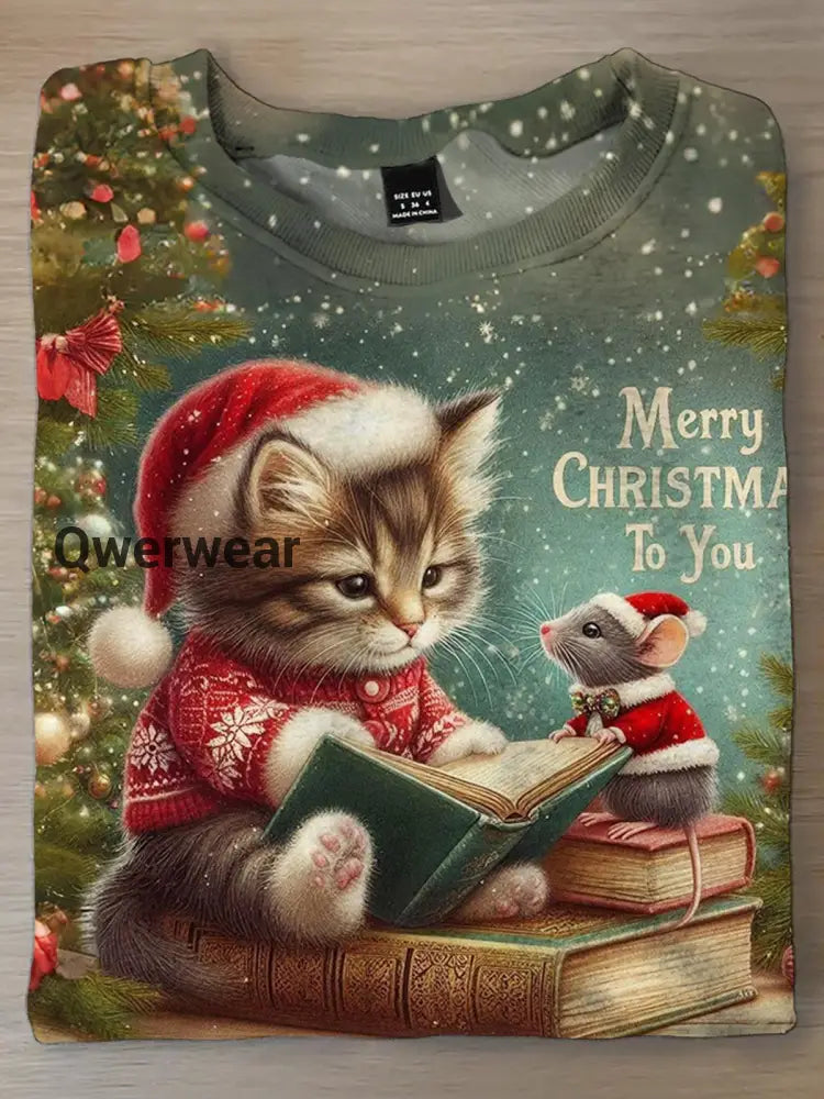 Women’s Cute Cat and Mouse Christmas Print Long Sleeve Top Mixed Color / S Women\’s Tops